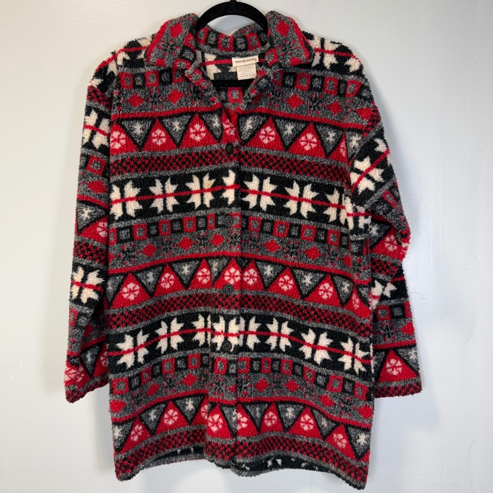 Vintage Tapemeasure Fair Isle Fleece Button Jacket Red Black‎ Snowflake USA S